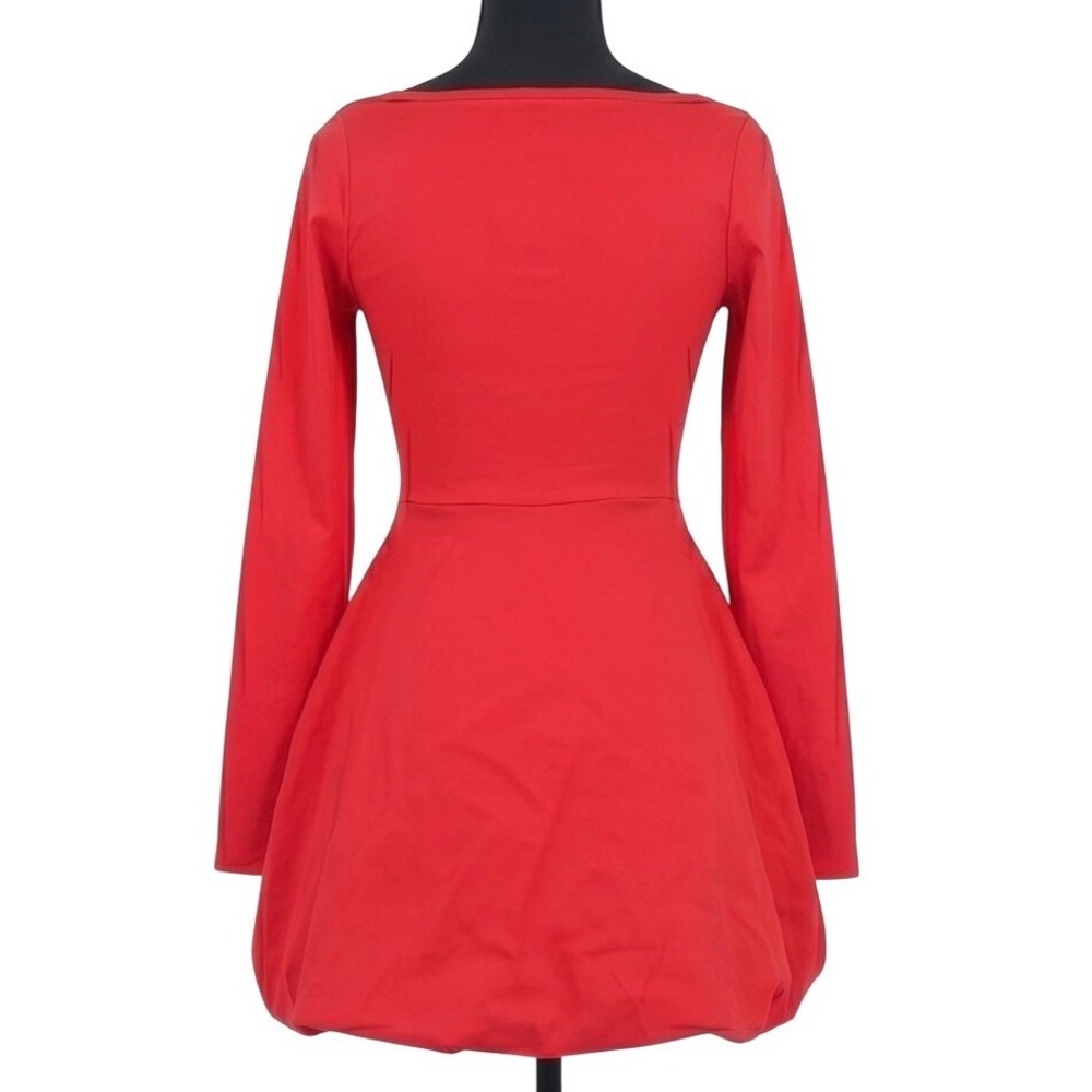 PrettyLittleThing Cherry Red Stretch Woven Long Sleeve Puffball Shift Dress Sz 6 - Picture 5 of 7
